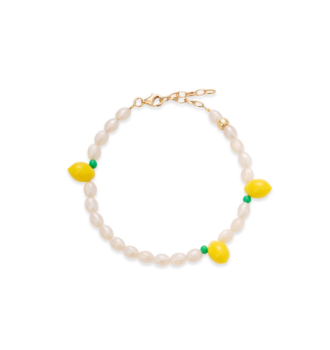 Bransoletka na kostkę z białych koralików i trzema żółtymi cytrynami z żywicy, srebro 925 pozłacane