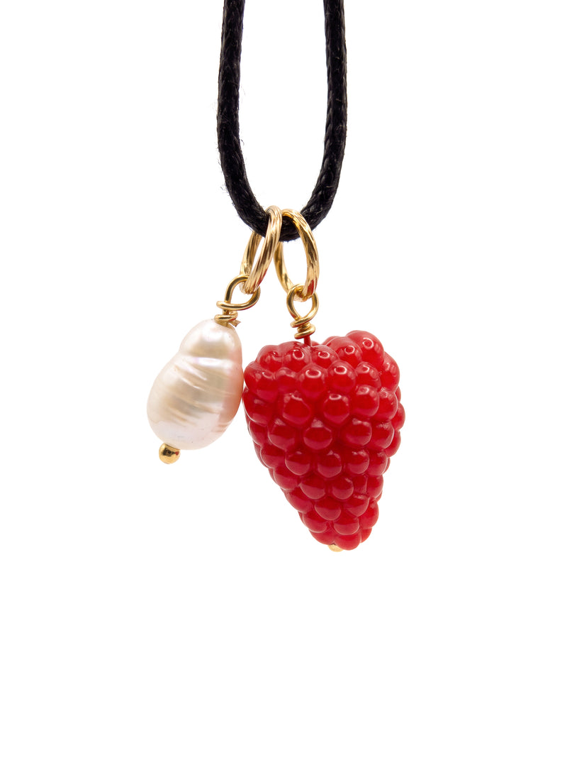 Necklace on a cord with a pearl and a raspberry