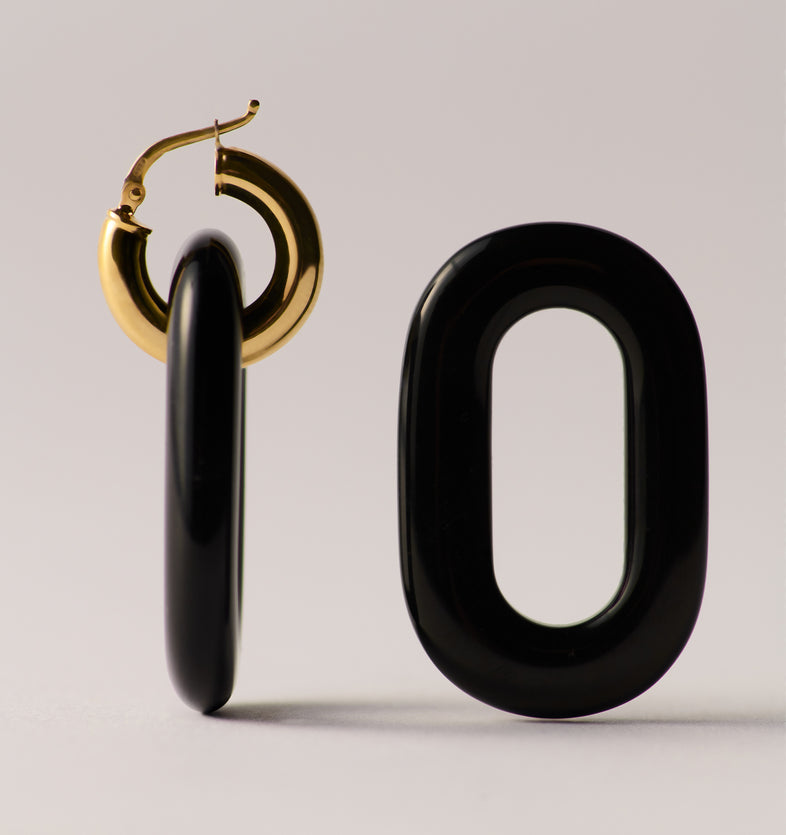  Gold Plated Large Obsidian Hoop Earrings  2 