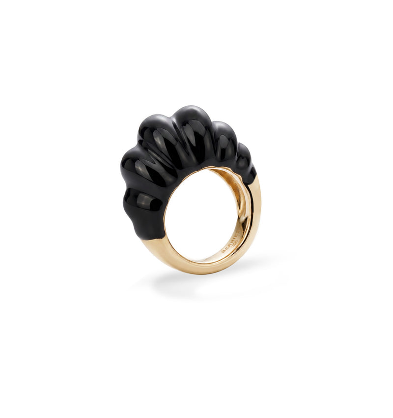 Grande bague striée plaquée or avec émail noir